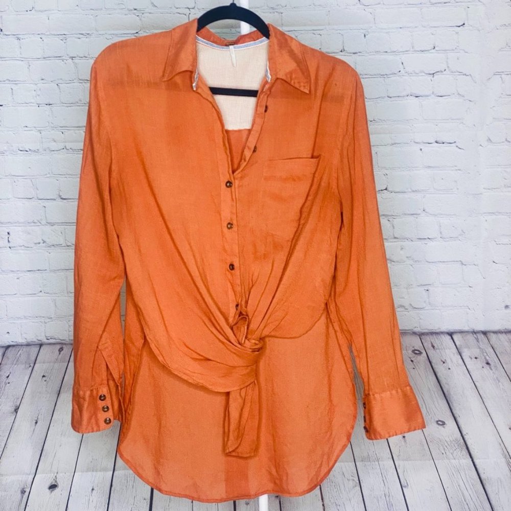Free People Sheer Button Down Burnt Orange Top